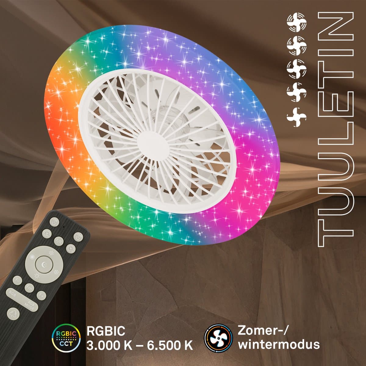 BRILONER Tuulentin A - Plafond ventilator met verlichting - LED plafondlamp met ventilator en RGB-verlichting - plafondventilator dimbaar - 5 snelheden - Ø48,5cm - wit thumbnail 4