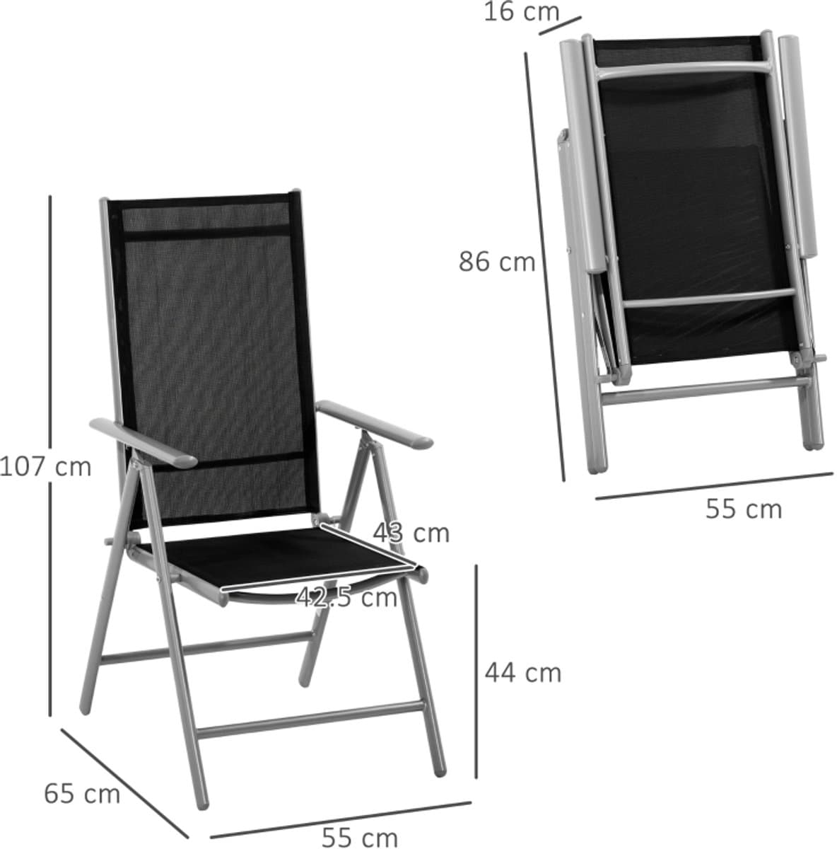 Set van 2 opvouwbare tuinstoelen van aluminium en Texteline met in 7 standen verstelbare rugleuning, zwart, 65 x 55 x 85–105 cm thumbnail 6