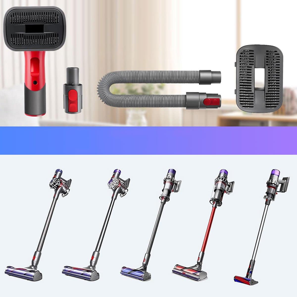 2-in-1 huisdierborstelset voor Dyson V7/V8/V10/V11/V15 – Huisdierborstelset – Voor katten en honden – Huisdierverzorging – Zelfreinigend en zacht – Grijs-rood thumbnail 5