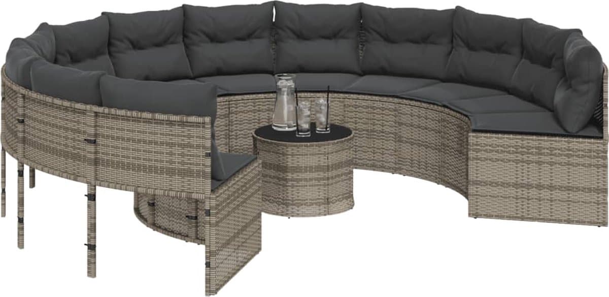 vidaXL - Tuinbank - met - tafel - en - kussens - rond - poly - rattan - grijs thumbnail 6