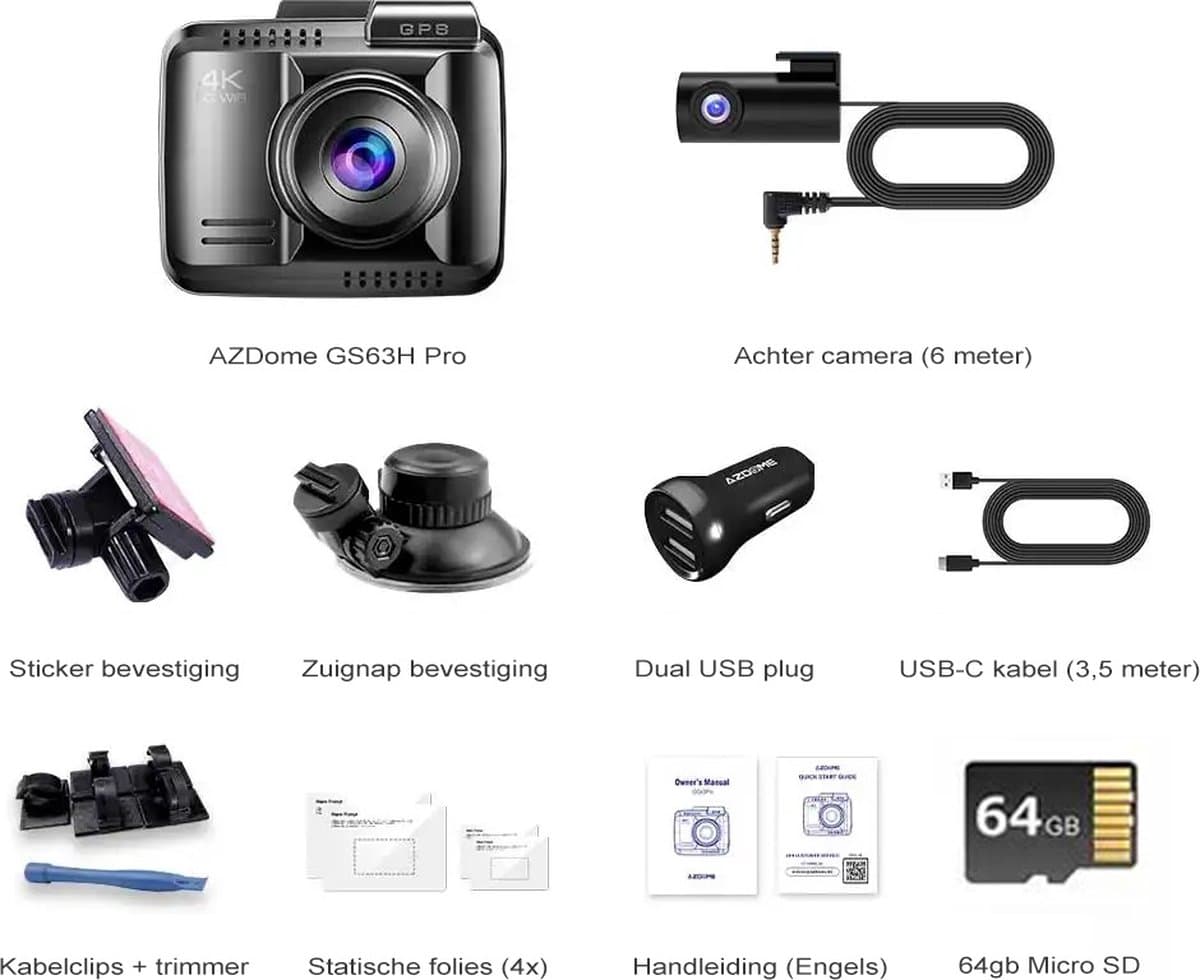 AZDome GS63H Pro 2CH dashcam voor auto - Voor en achter camera - Night vision - Loop recording - 4K resolutie - Wifi - Gps - Parkeermodus - 2.4 inch display - dashcam voor auto thumbnail 5