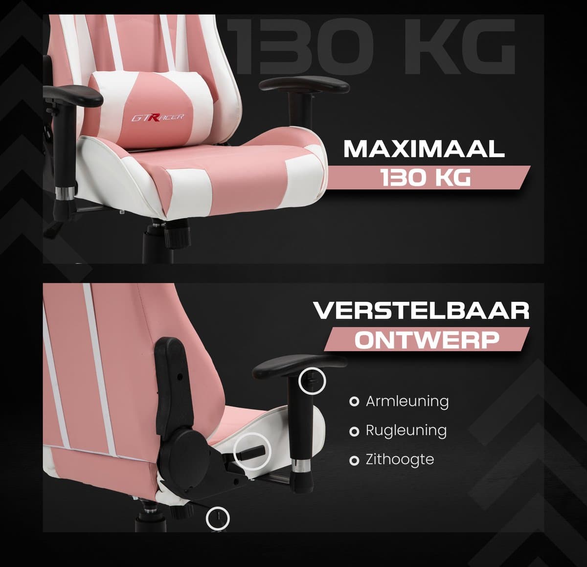 GTRacer Pro gamestoel Wit/roze – 150 kg, 180° thumbnail 2