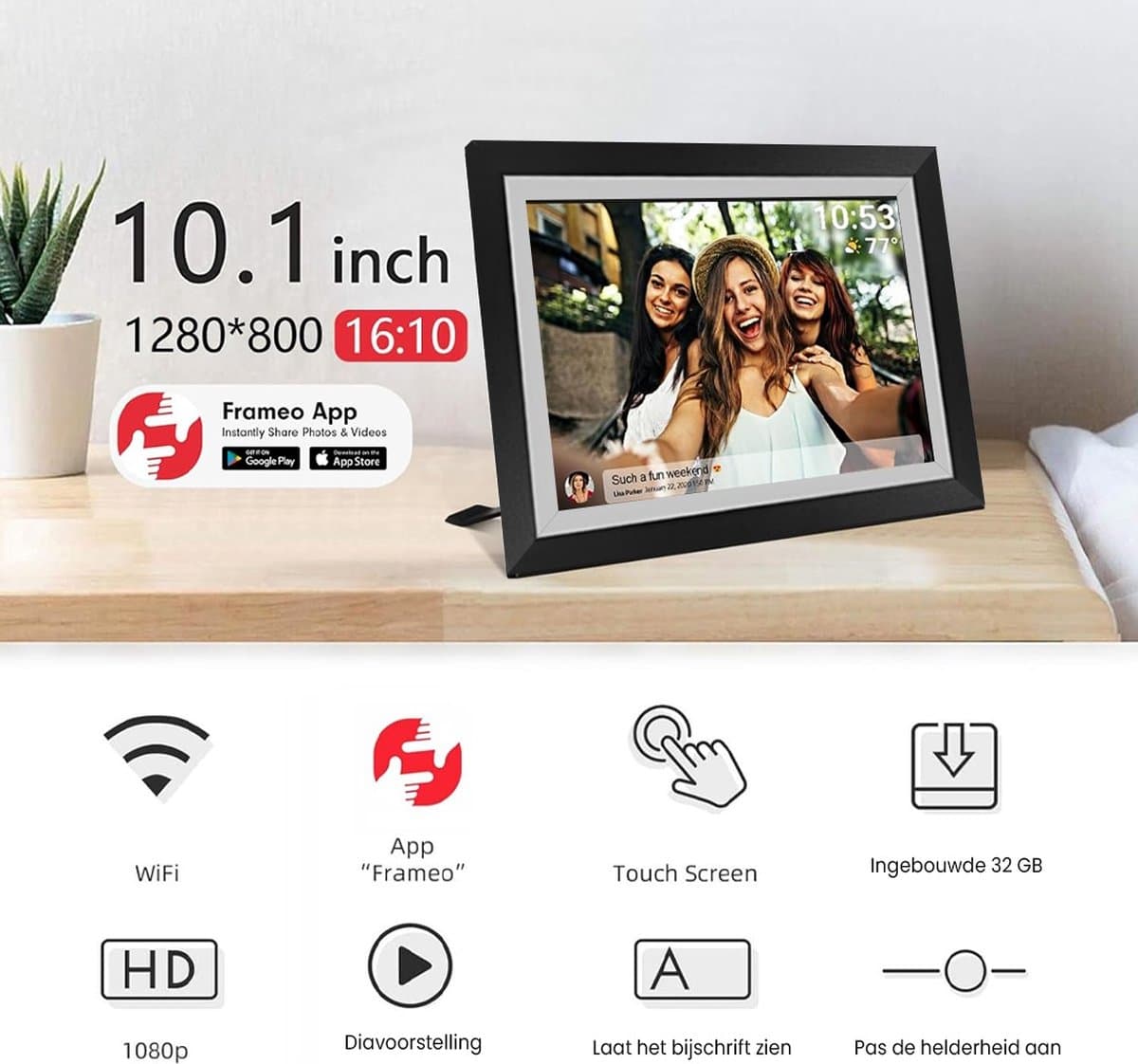 Digitale fotolijst met WiFi en Frameo App - 10.1 inch HD+ IPS Display - Fotokader met Touchscreen - 32GB - Zwart/Wit - Frameo digitale fotolijst - digitale fotokader - digitaal fotolijstje thumbnail 7