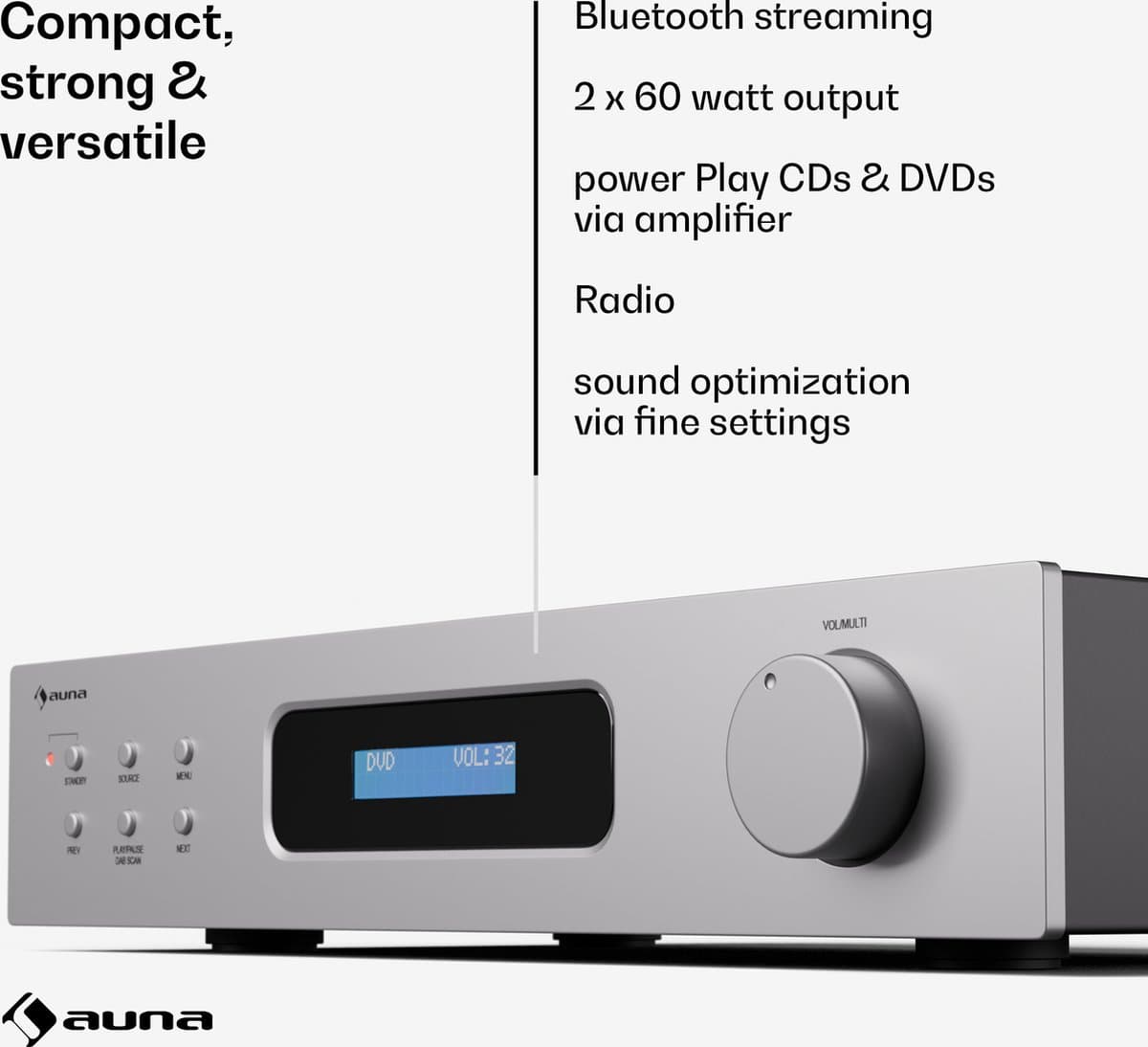 Auna Art22 amplifier DAB+ BT Hifi versterker - Bluetooth - DAB+/FM radio - 2 x 60 W - Wit en zilver metallic thumbnail 2