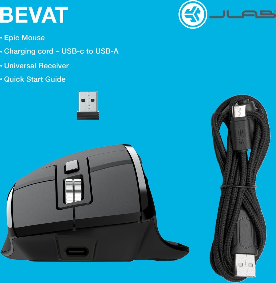JLab Epic Draadloze Muis - Bluetooth Computermuis Draadloos - Stille Clicks - Verbind 3 Apparten - Draadloze Dongle - 4 Maanden Batterijduur - Rechtshandig - Multipoint - USB C Oplaadbaar - Zwart thumbnail 8