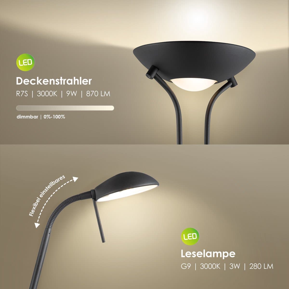 Home Sweet Home - LED Vloerlamp Dimbaar Zwart voor Woonkamer met Leeslamp - Inclusief R7S & G9 Vervangbare Lampen - 180 cm Metaal - Modern Warm Wit thumbnail 7