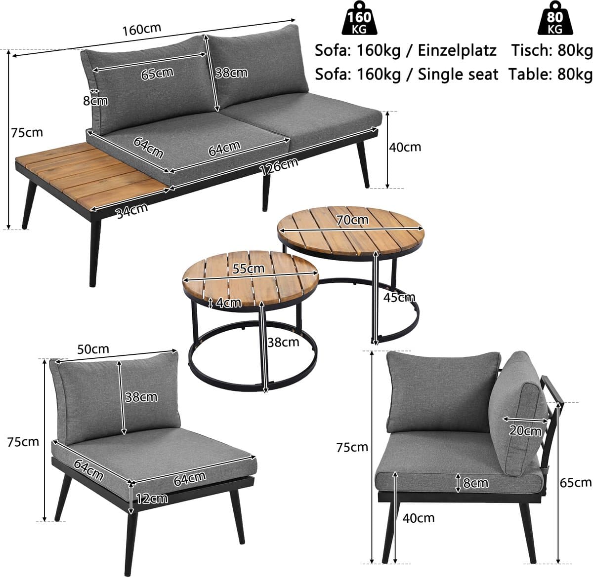 Sweiko Tuin Loungeset - Gegalvaniseerd ijzer, 6-delig thumbnail 2