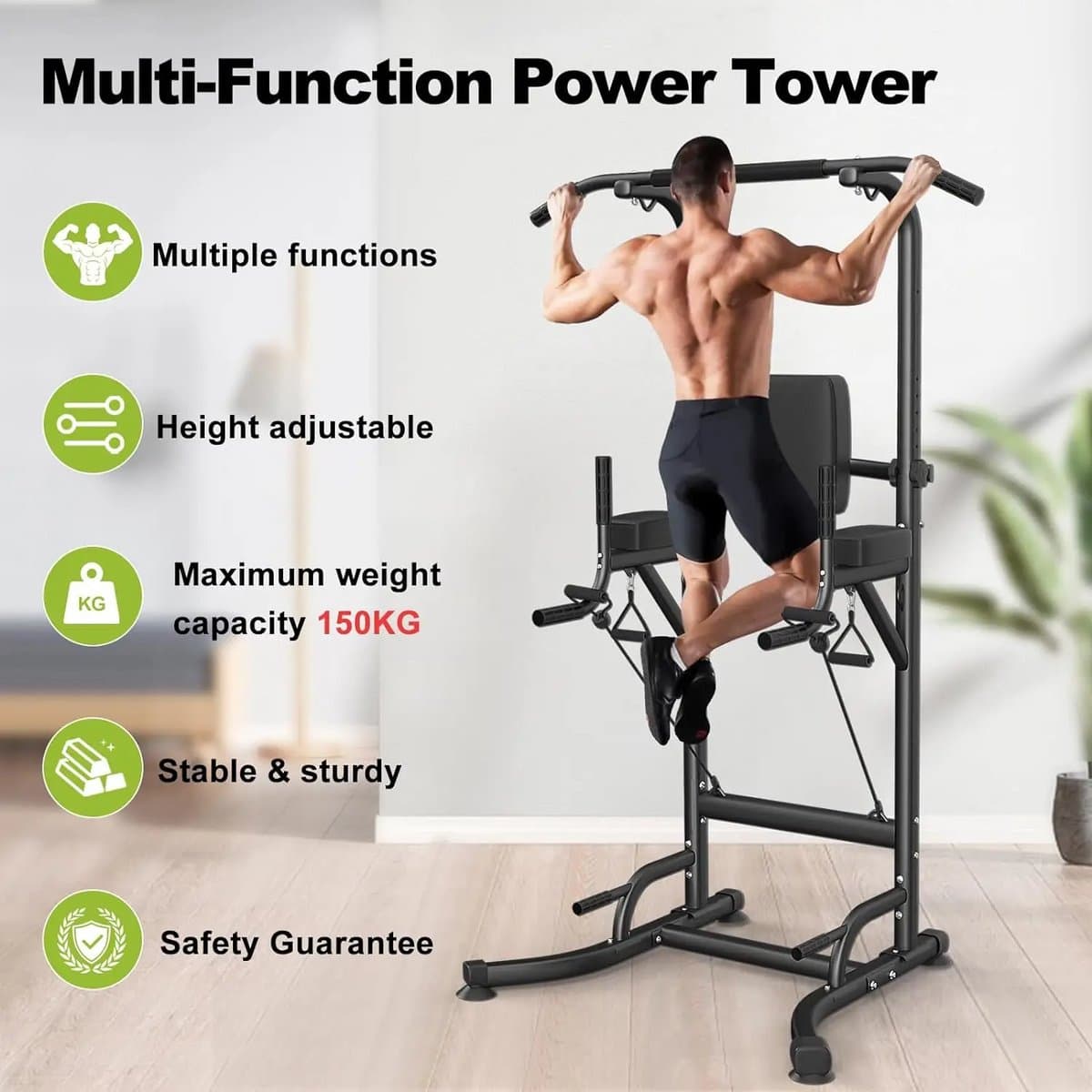 AtlasStrength Pull up Station - Verstelbare hoogte - Met Weerstandsbanden - Train diverse spiergroepen thuis met een krachtstation - Power tower - Pull up rack - Pull up bar - Zwart thumbnail 6