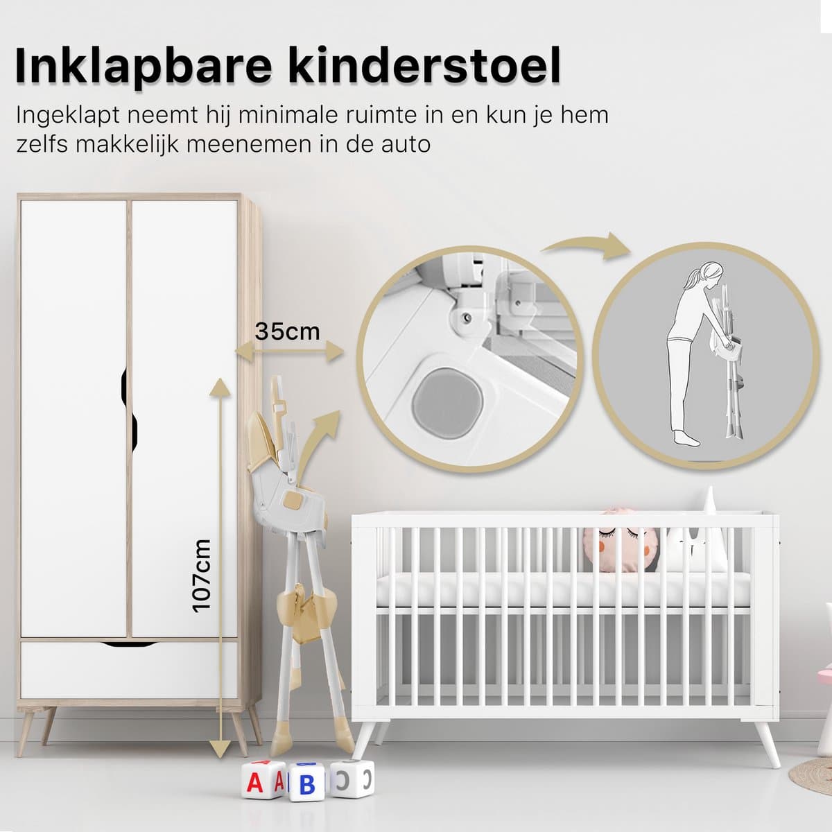 Phreeze Kinderstoel - Inklapbaar - Meegroeistoel 6 t/m 72 maanden - Afneembare Wielen - Eetstoel Baby & Peuter - Ook als Loopstoel, Wipstoel, Babystoel aan tafel / voor eten / thuis - Beige thumbnail 8