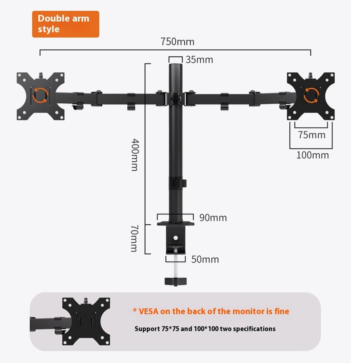Dubbele Arm Monitorbeugel, 360° draaibaar, Verstelbare Hoogte voor 10-30 Inch Monitoren, Ergonomisch Ontwerp voor Werk en Spellen thumbnail 7