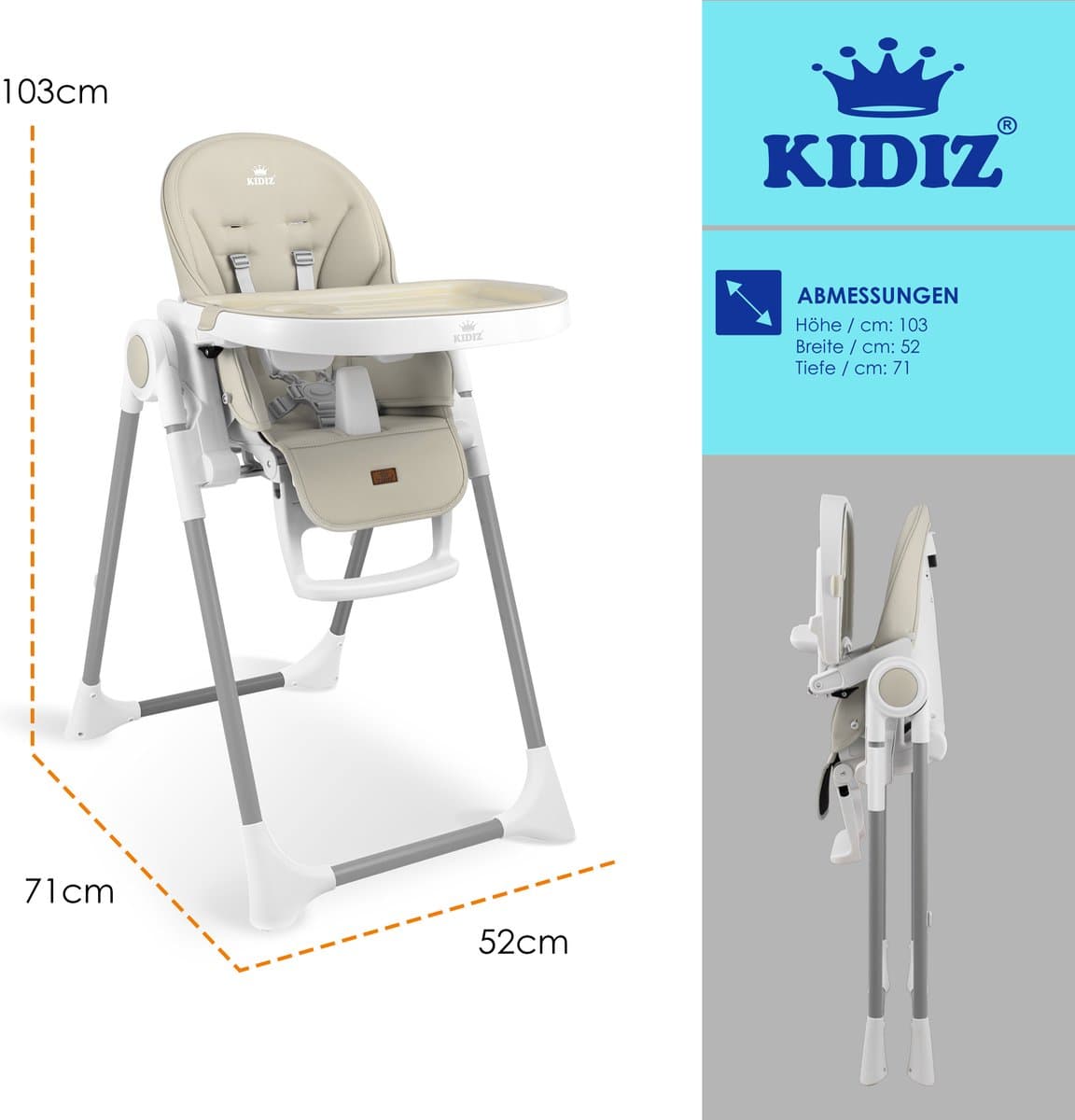 KIDIZ® 3in1 kinderstoel incl. speelbar, Eetstoel, Babystoel, combinatie kinderstoel, 7 in hoogte verstelbare rugleuning, meegroei van 0 maanden tot 6 jaar - Beige thumbnail 6