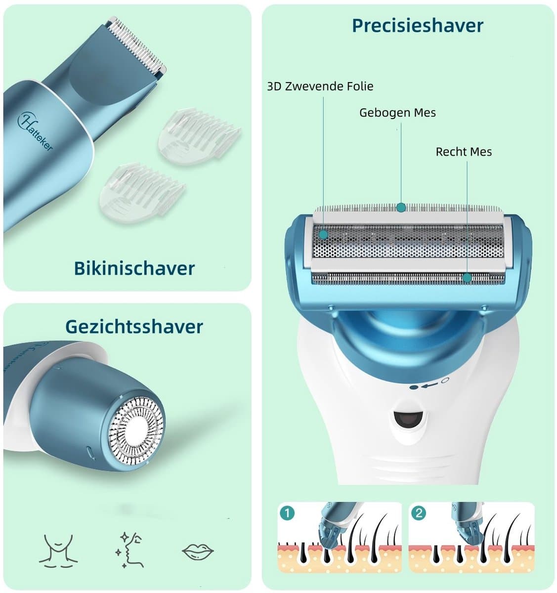 Hatteker 3-in-1 Ladyshave voor Vrouwen – Dames Scheerapparaat – Epileerapparaat – Trimmer voor Benen, Bikinilijn en Oksels – Epilator – Waterdicht IPX7 – Blau thumbnail 4