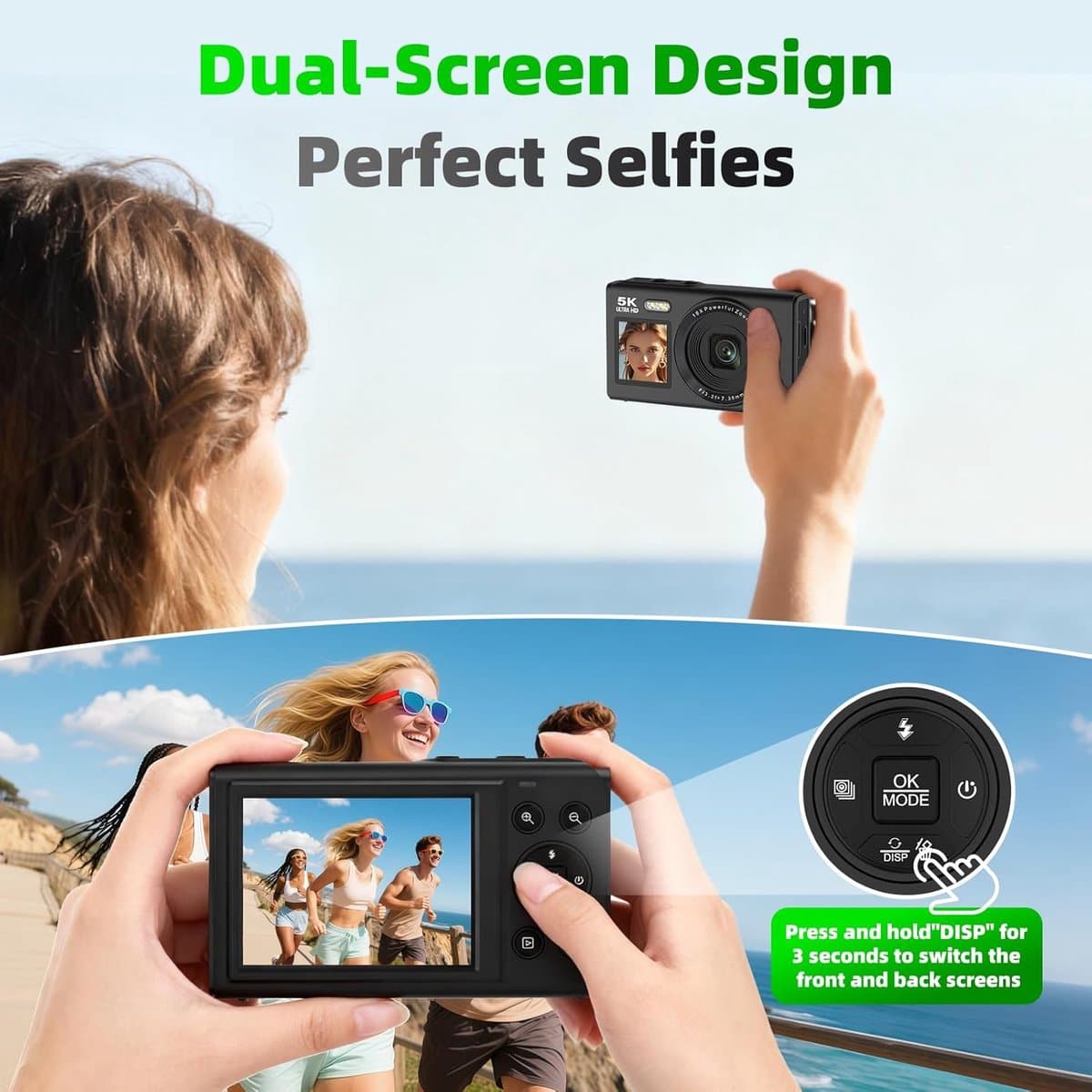 Camera - 5K Digitale camera - 80MP camera met dubbel scherm voor fotografie en vloggen, 18x zoom, autofocus, invullicht, compacte vlogcamera voor studenten, reizen, tieners en beginners, inclusief 64GB geheugenkaart fototoestel（zwart） thumbnail 8