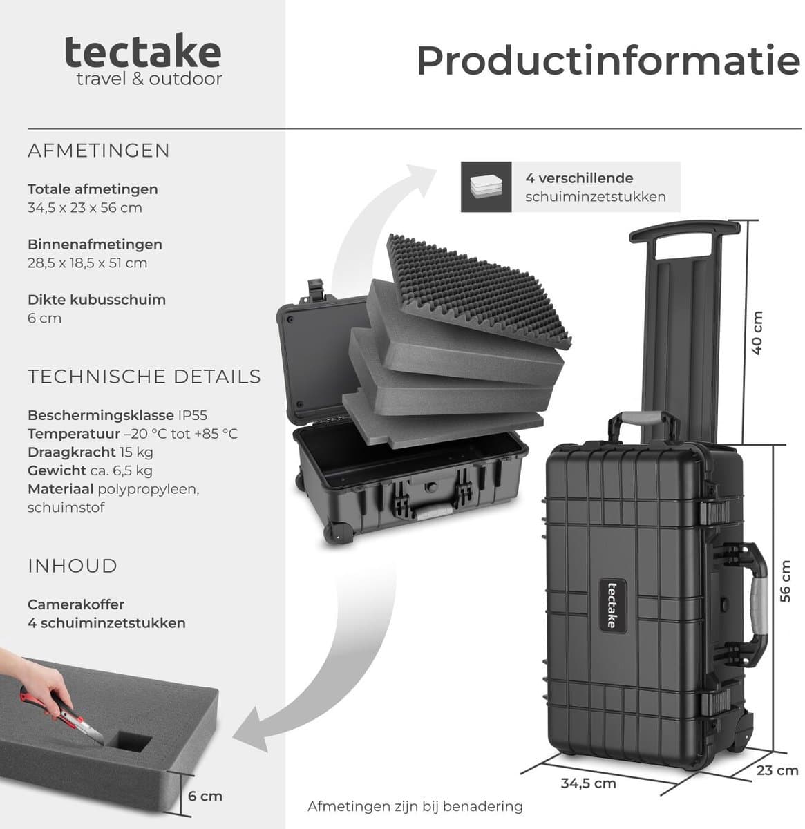 tectake® Camera Koffer - Verrijdbaar met Telescoopgreep - Fotokoffer - Camerakoffer - 2 kliksluitingen - Mogelijkheid voor afsluiten met hangslot - Afmetingen (LxBxH) 34,5 x 23 x 56 cm - Zwart thumbnail 6