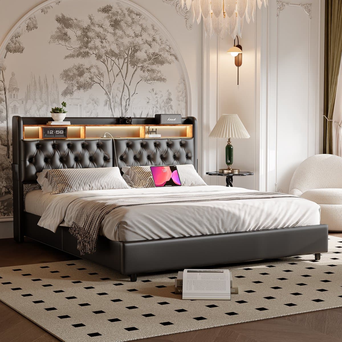 Opbergbed 180x200 met LED & USB – Zwart PU Tweepersoonsbed met Gaslift Opbergruimte thumbnail 2