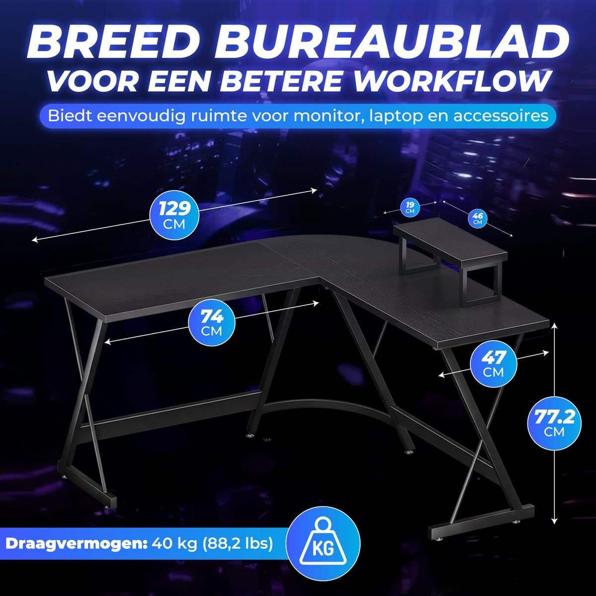 Lexorion L-Vormig Game BureauHoekbureau | Game Bureau | Game Bureau Zwart | Computerbureau – Gaming Bureau – Waterproof & Krasbestendig – Monitor Stand thumbnail 4