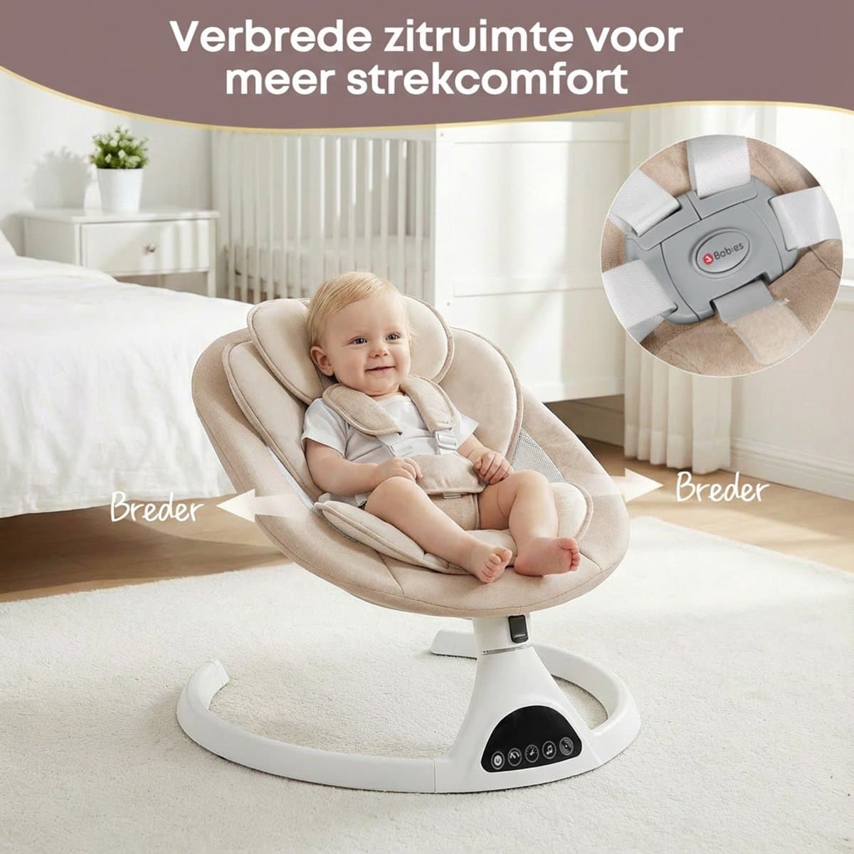 3Babies® Baby Swing – Elektrisch Wipstoel – Babyschommel – Elektrische Schommelstoel baby – Verstelbaar – Wasbare Bekleding – Afstandsbediening en App – Beige thumbnail 4