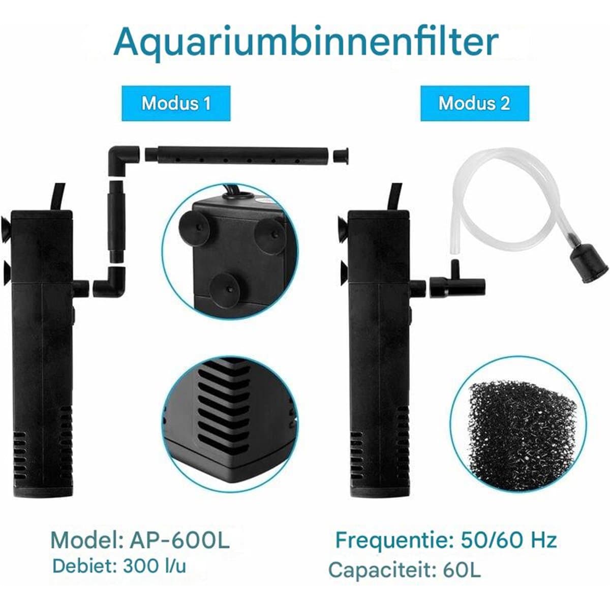 carmdering - Aquariumfilter - Filterpomp - 300 L/H - Dompelbaar - Filter - Intern Aquariumfilter - Filter Met Pomp- 60L – Aquarium filter pomp – Zuurstofpomp thumbnail 3