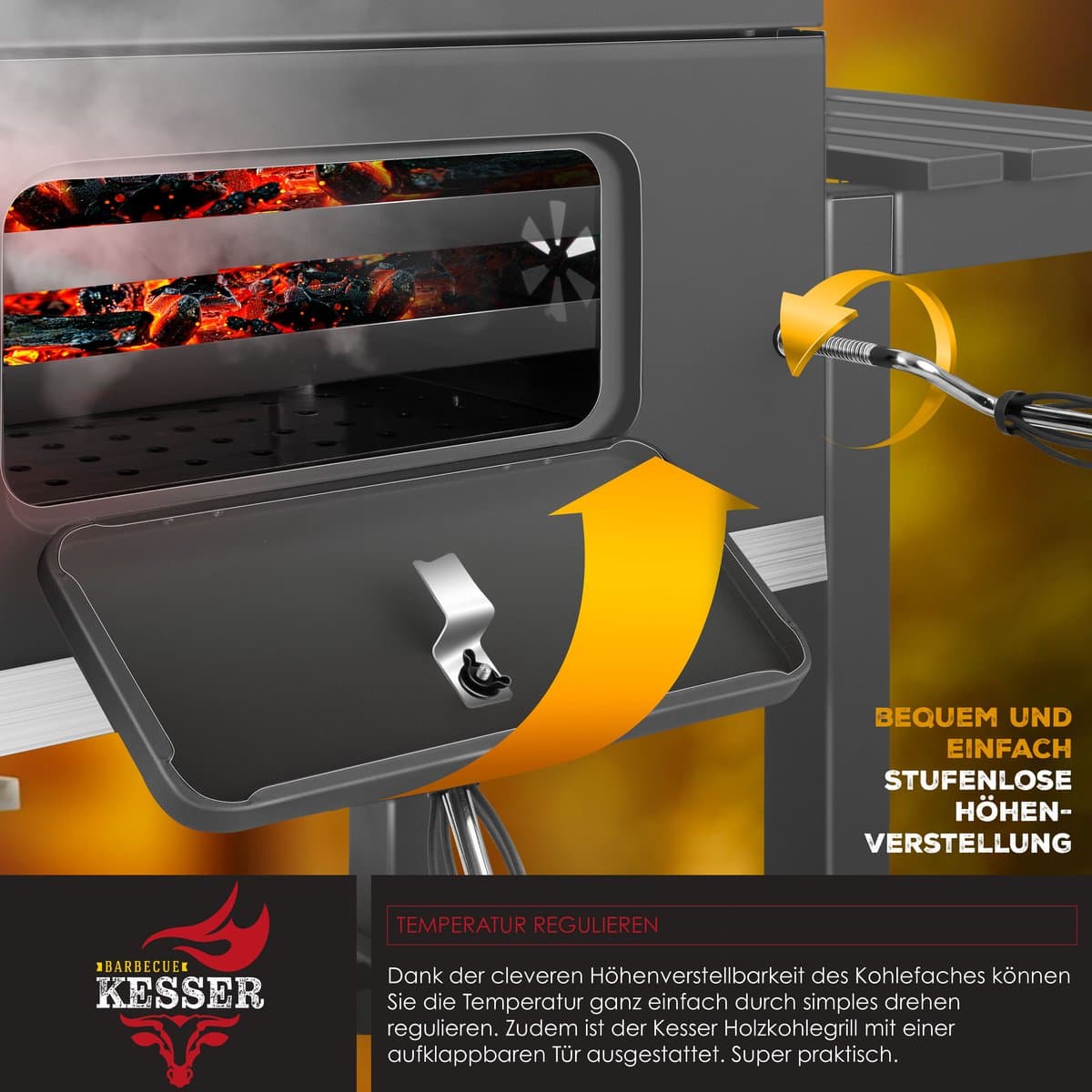KESSER® Houtskoolbarbecue XL Barbeque Houtskool met Deksel, Wielen, Afdekkap, Roestvrij Stalen Handvat, Barbecuerooster en Thermometer, 8 Spiesen met Zakje & siliconen Borstel, grote BBQ Camping Terras Tuin thumbnail 3
