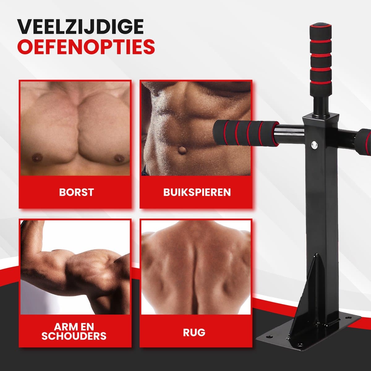 TTD® Premium Pull Up Bar - Pull Up Station - Optrekstang Wandmontage - Dip Station - Dip Bars - Thuis Sporten - Thuis Fitness - Premium materialen - Extra stevige montage onderdelen - Home workout - Zwart/Rood thumbnail 4