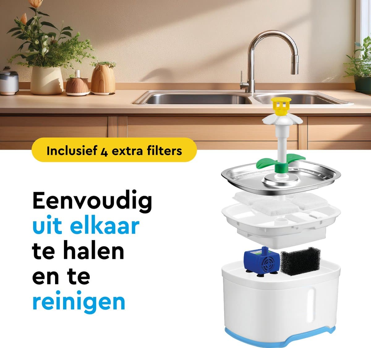 BRASQ Drinkfontein kat en hond 2,5 Liter - Waterfontein - Kattenfontein - Waterdispenser - Dieren drinkbak - Wit - BPA vrij - geruisloos - Inclusief 4 reservefilters + accessoires thumbnail 4