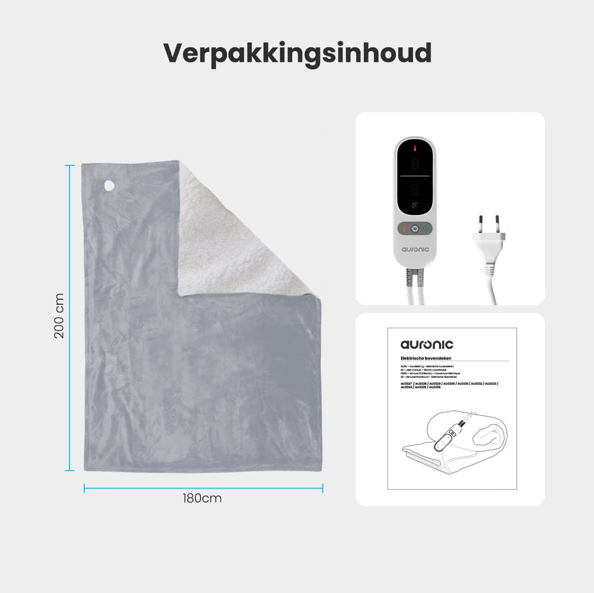 Auronic Elektrische Deken - 200 x 180 cm - 2 Persoons Warmtedeken - 9 Warmte en Timerstanden - Verwarmingsdeken - Sherpa Fleece - Grijs thumbnail 6