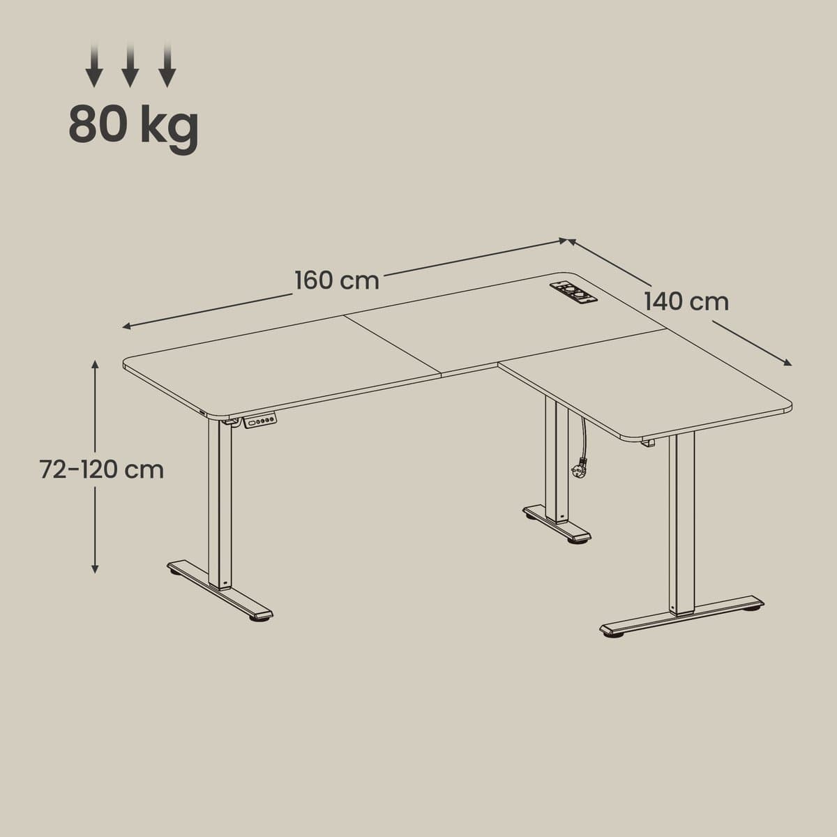 VASAGLE - Bureau - Zit Sta Bureau - L-vormig Hoekbureau - Met Stekkerdoos en Geheugenfunctie thumbnail 3