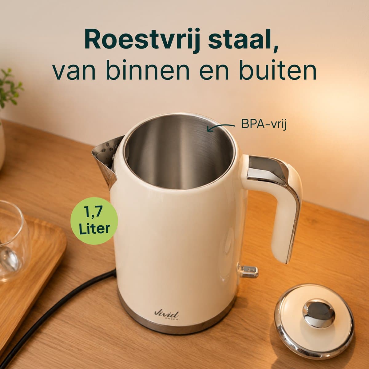 Vivid Green Luxe Waterkoker 1.7L - Retro Design - 2200W - BPA-vrij - 360° - RVS - Creme thumbnail 2