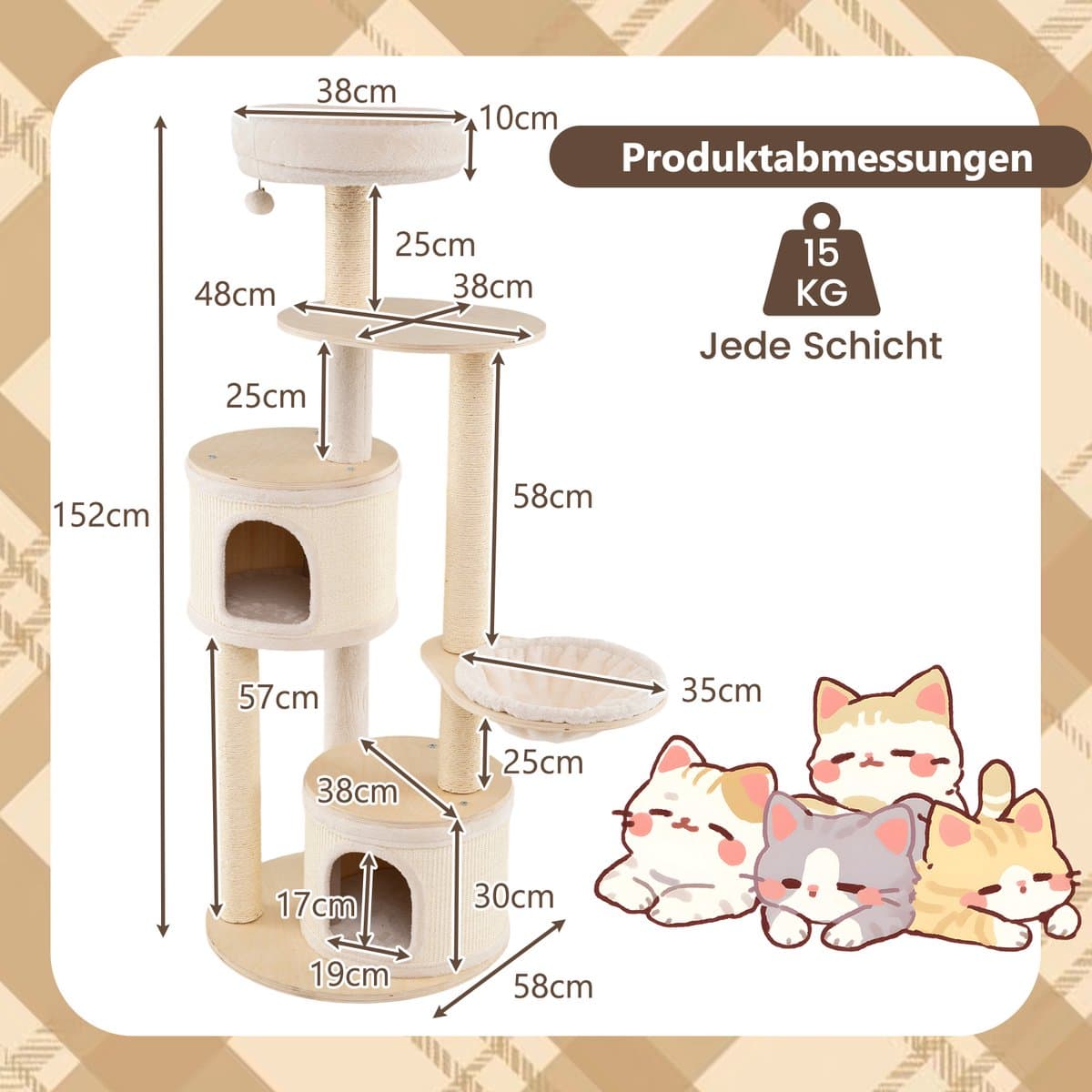 COSTWAY Krabpaal groot, kattenboom met 2 kattenholletjes, mand, sisal-krabpalen, speelbal & platform, kattenkrabpaal katten, kattenmeubel, klimboom, activiteitsboom, hout, natuur, 152 cm hoog thumbnail 4