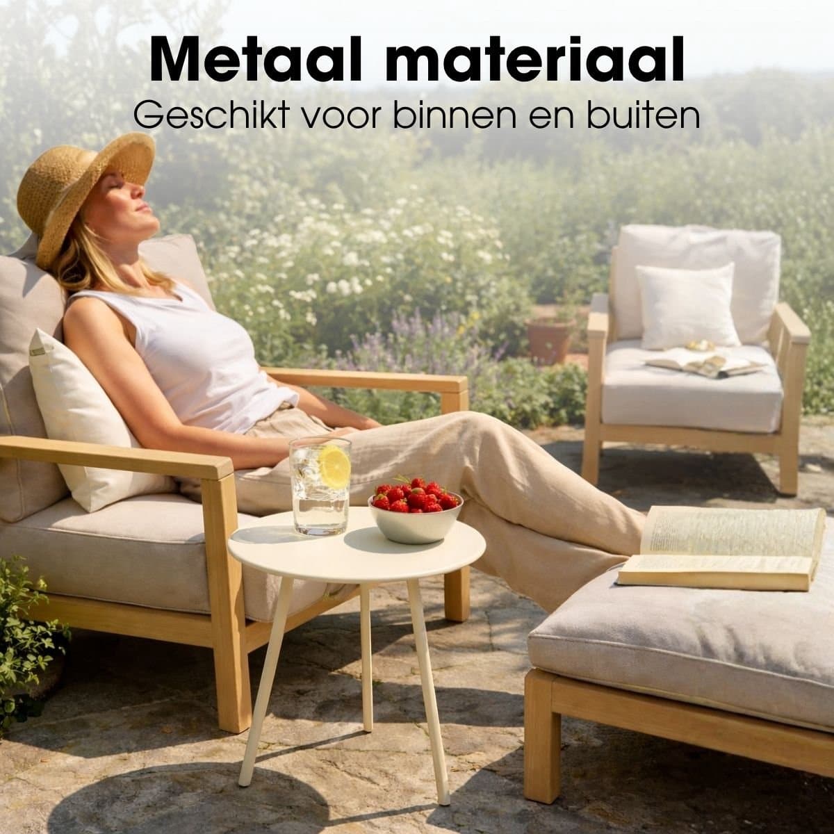 Mica Decorations Seatle Bijzettafel Rond voor Buiten - Koffietafel - Salontafel Buiten - Ook als Plantentafeltje of Plantenstandaard - Metaal - 38 x 61 cm - Creme thumbnail 7