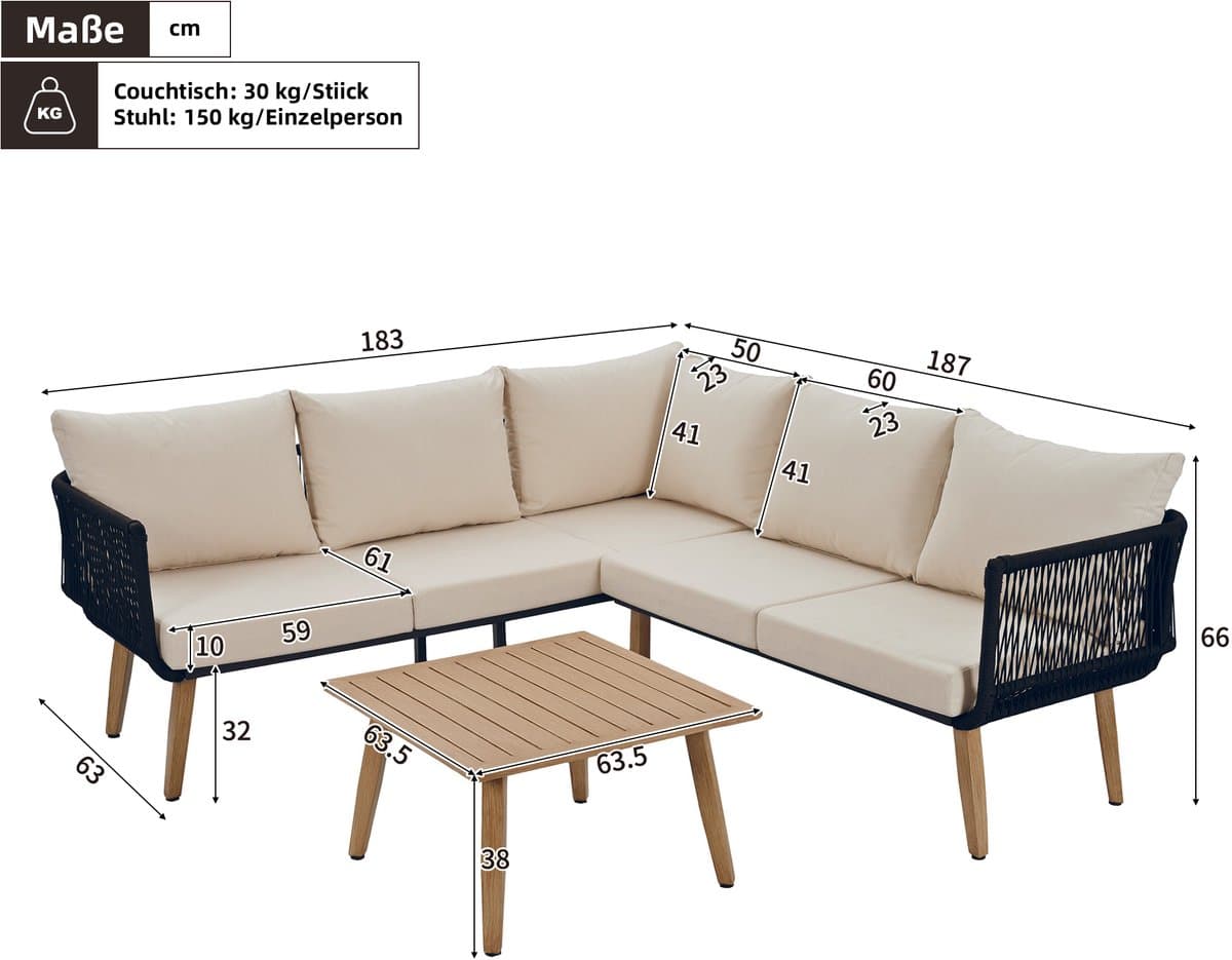 FloraGrace Loungeset - Sofa Met Salontafel - Weerbestendig Touwdesign Voor Tuin En Balkon - Olefin En Staal - Beige Zwart thumbnail 5