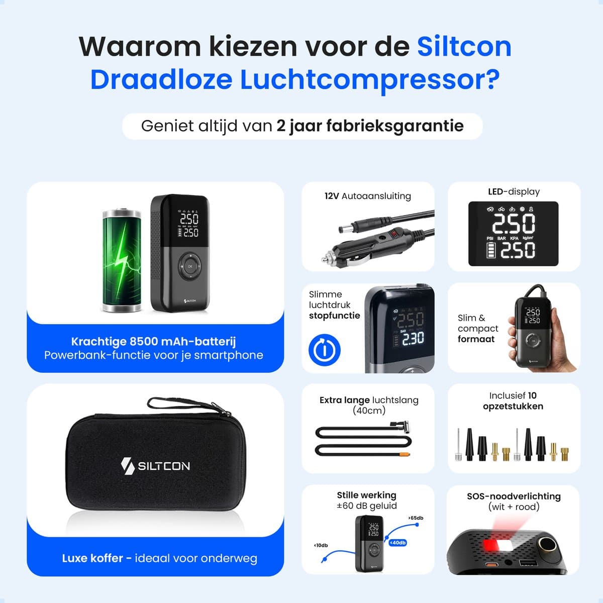 Siltcon® Elektrische Fietspomp - Luchtcompressor - Tot 10.8 Bar - 8500 mAh Powerbank - Compressor - Bandenpomp Auto - Elektrische Bandenpomp - Luchtpomp – Universeel – Oplaadbaar & 12V – 35l/min – SOS Lamp - Noodpakket - Incl. 10 Opzetstukjes en Hoes thumbnail 2
