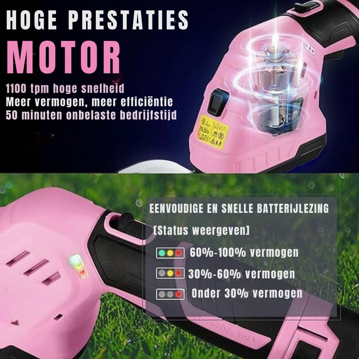 Zylo® Grasschaar - Grasschaar met Accu - Grasschaar met Steel - ‎32 x 16.5 x 11 cm - Roze/Zwart thumbnail 6