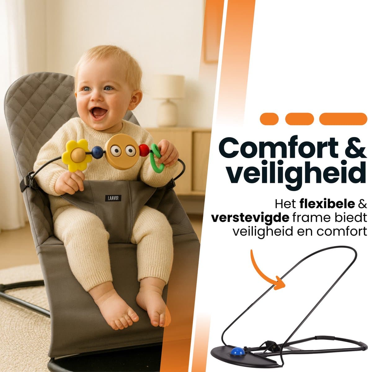 Laavir® Baby Wipstoel - Inklapbaar & Draagbaar - Verstelbare Rugleuning - Speelboog & Veiligheidsgordel - Grijs thumbnail 3