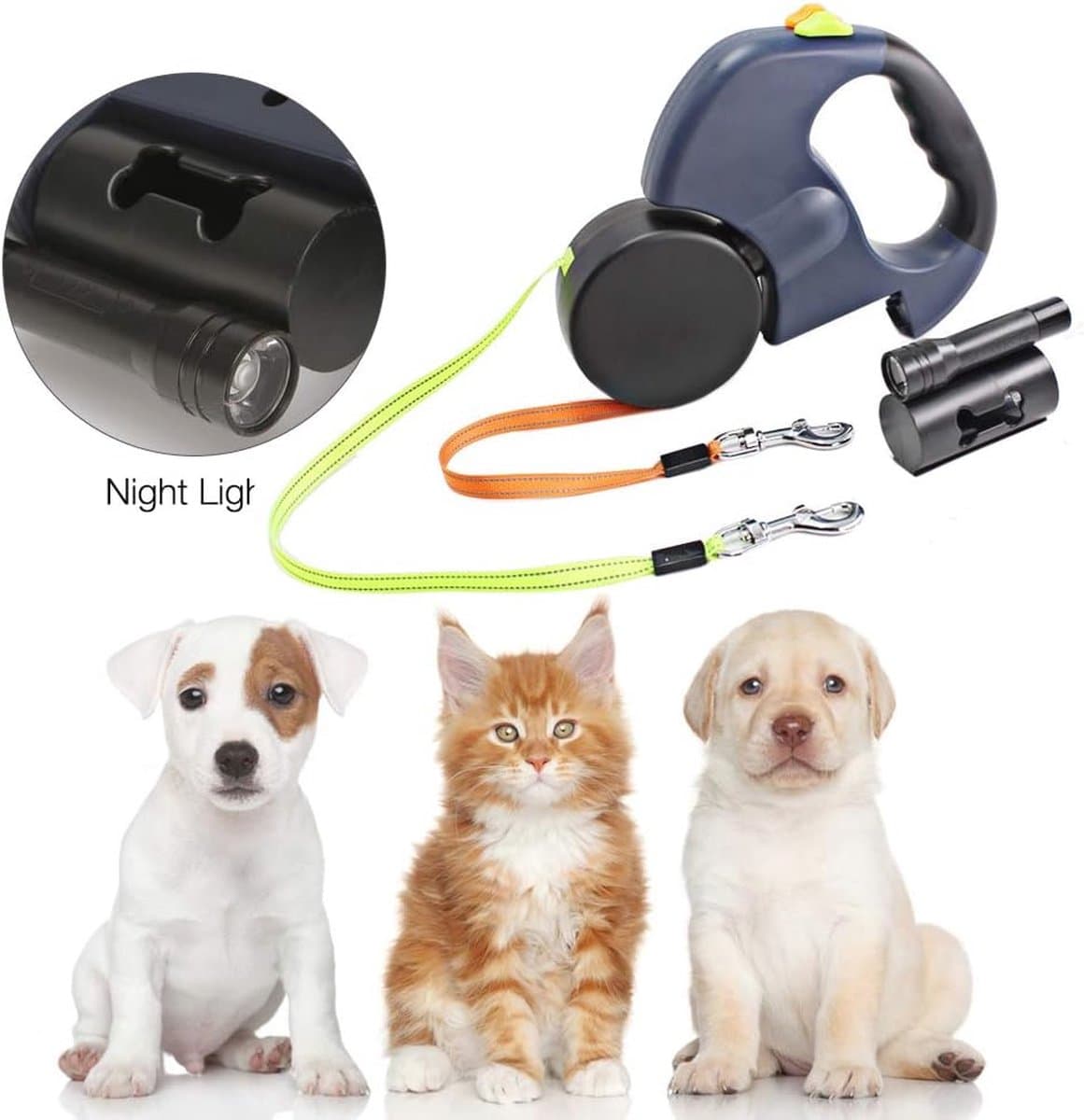 Dubbele intrekbare hondenriem met LED-licht en afvalbox voor twee honden thumbnail 6