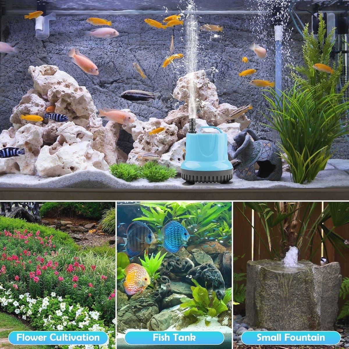 Kleine Dompelpomp 20W - Ultra Stille Waterpomp voor Aquarium, Vijver en Tuin - Inclusief Sproeiers en Slang thumbnail 7