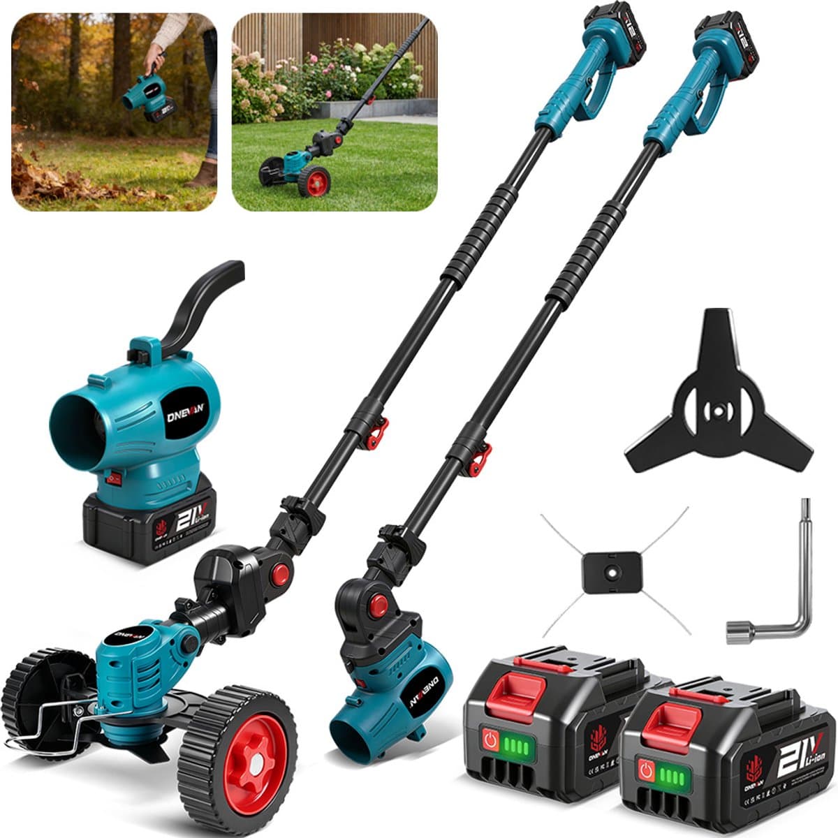 ONEVAN Elektrische Bosmaaier - 3-in-1 Accu Grastrimmer - 200 m/s Bladblazer - Met 2x Accu's - Lichtgewicht - Voor terras, gazon, bladeren en stof