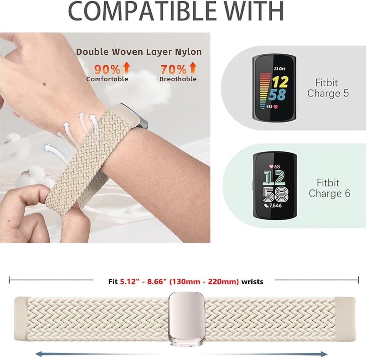Nylon Fitbit Charge 6 Horlogebandjes van Magnetisch Rekbaar Stof voor Draagcomfort en Aanpassing - Vervangende Band voor Fitness Tracker voor Mannen en Vrouwen thumbnail 3