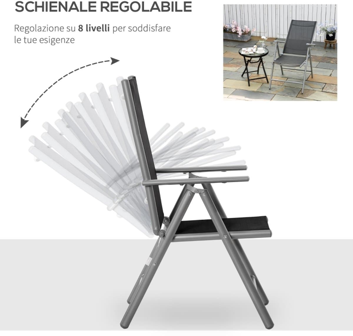 Set van 2 opvouwbare tuinstoelen van aluminium en Texteline met in 7 standen verstelbare rugleuning, zwart, 65 x 55 x 85–105 cm thumbnail 4