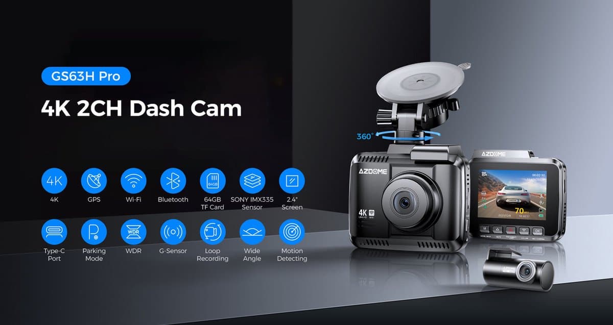 AZDome GS63H Pro 2CH dashcam voor auto - Voor en achter camera - Night vision - Loop recording - 4K resolutie - Wifi - Gps - Parkeermodus - 2.4 inch display - dashcam voor auto thumbnail 6