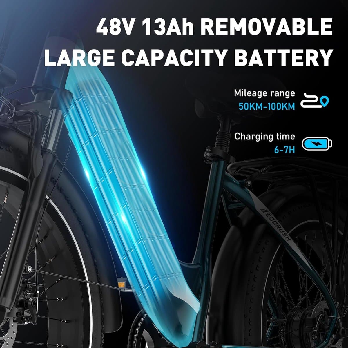 ECORUSH Elektrische Fiets ECO R3 - Trendy 26*4.0 Inch Fat Tire City Commuter EBike met Afneembare 48V 13Ah Lithium Batterij - Mountain E-Bike met 250W Motor - 7 Versnellingen - IP54 Waterdicht thumbnail 4
