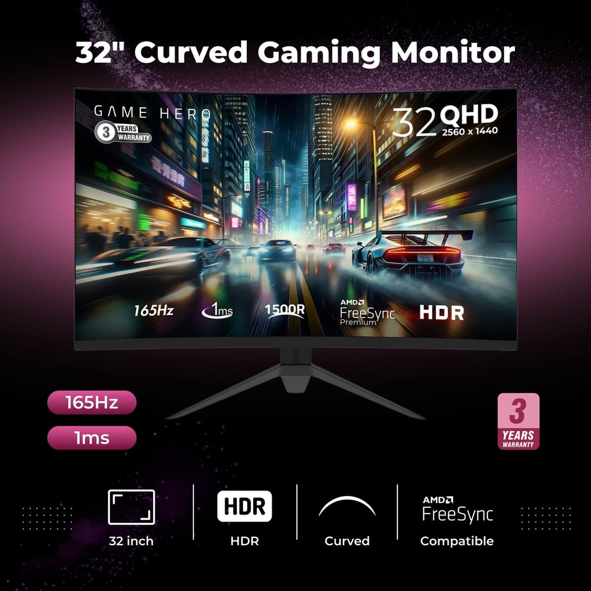 GAME GAME HERO 32" Curved QHD VA 165Hz Gaming Monitor thumbnail 2
