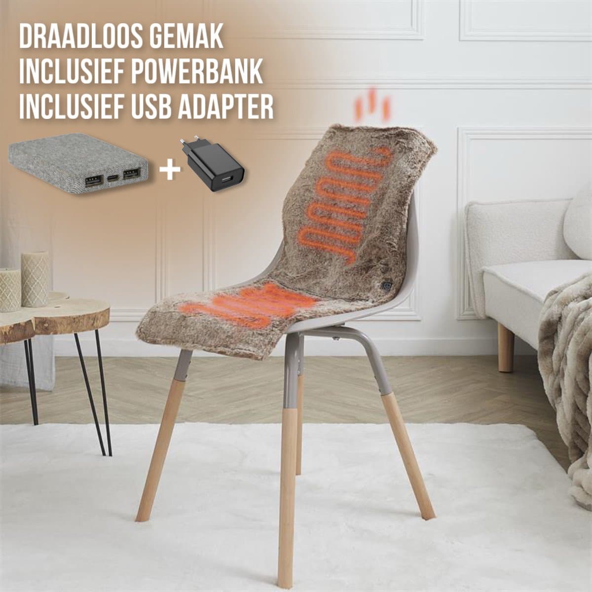 Verwarmd Stoelkleed voor Stoel met 3 Warmtestanden – Draadloos Infrarood Warmtedeken 38 x 83 cm – Bruin (inclusief powerbank) thumbnail 2