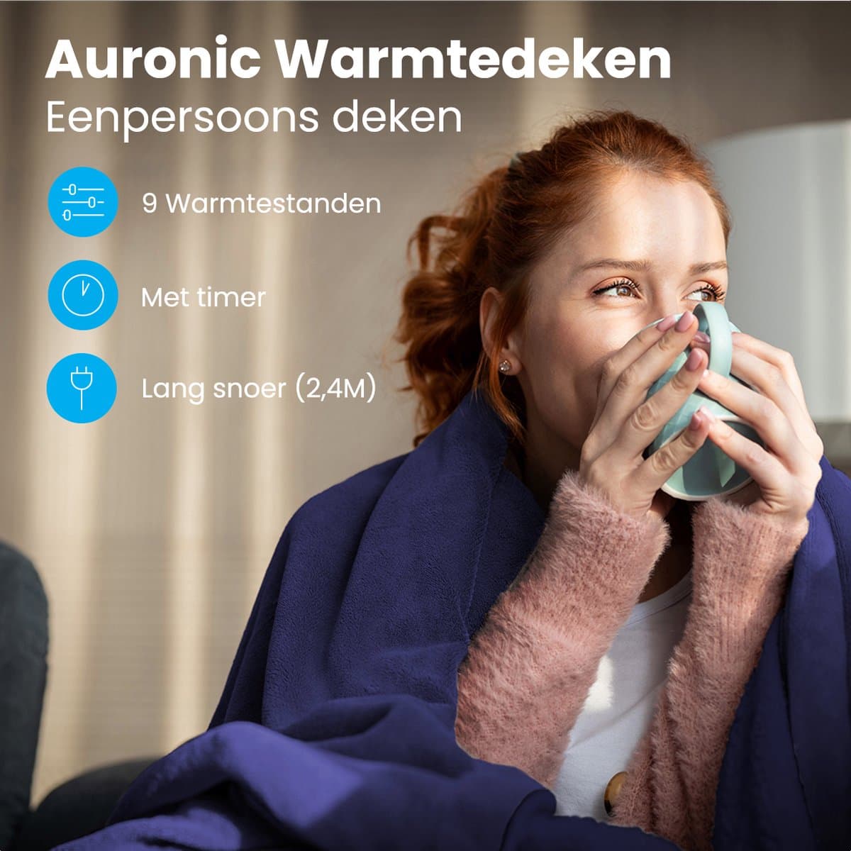 Auronic Elektrische Deken - 160 x 120 cm - 1 Persoons Warmtedeken - 9 Warmtestanden - Verwarmingsdeken - Blauw thumbnail 2