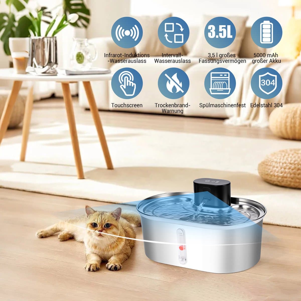 Dreamhigh® Draadloze Drinkfontein - Kattenfontein - 3.5L - RVS - Met Sensor en Accu - Fluisterstil - 2 Wasserfluss Modi - Waterfontein voor Katten en Honden thumbnail 6