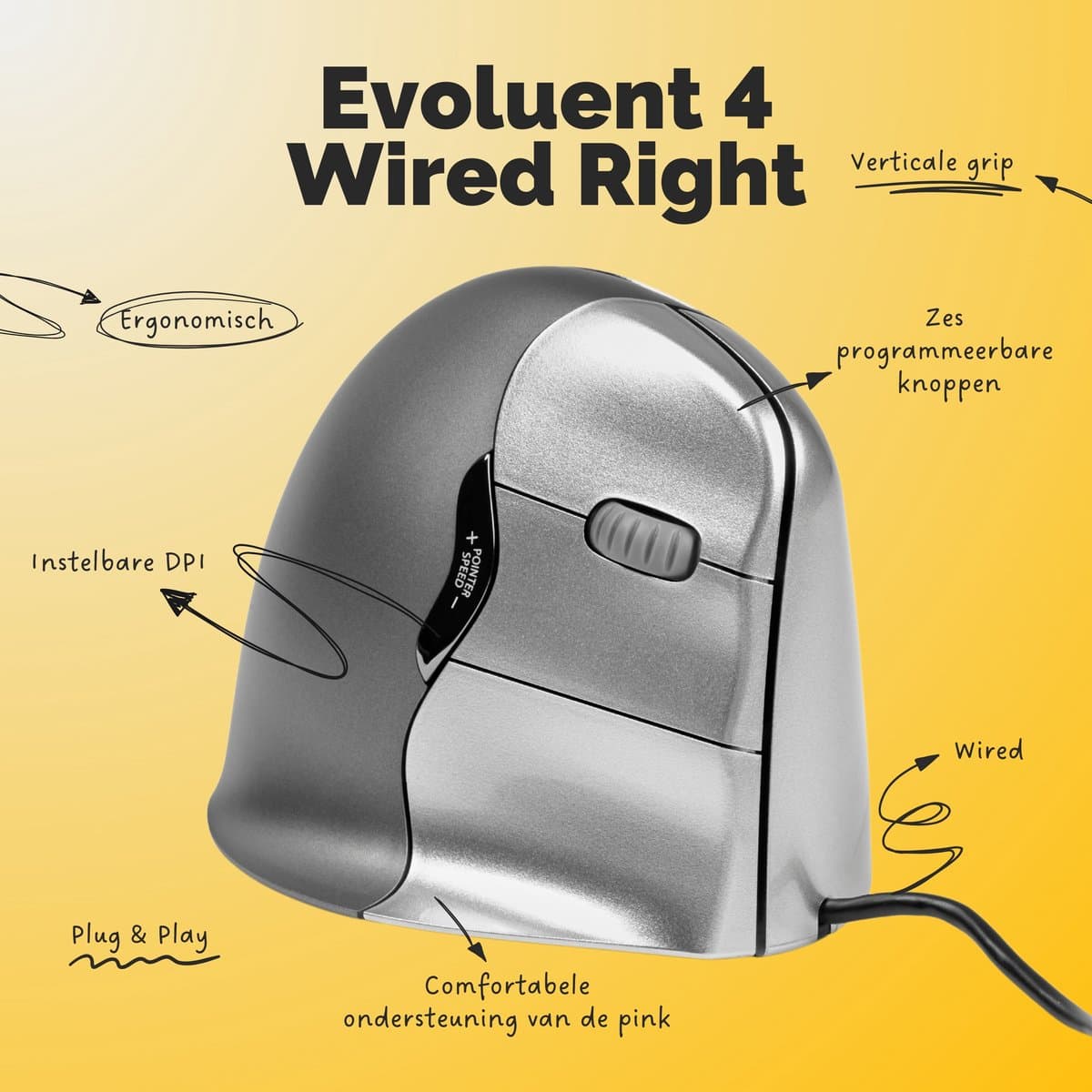 Evoluent Verticale Muis 4 – Bedraad - USB – Rechtshandig – Medium/Large – Originele Verticale Muis ter Wereld – Ergonomisch Gevormd voor Comfort – Vermindert Polsbelasting & Carpaal Tunnel – 4 DPI Standen – 6 Instelbare Knoppen (Windows) thumbnail 8