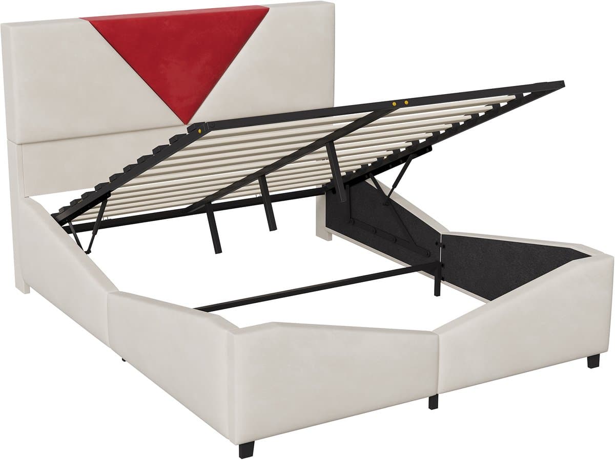 Velours tweepersoonsbed 160x200 cm met geïntegreerde LED-vloerverlichting en gasveermechanisme voor opbergruimte, modern slaapkamerdesign met zacht comfort, beige thumbnail 6