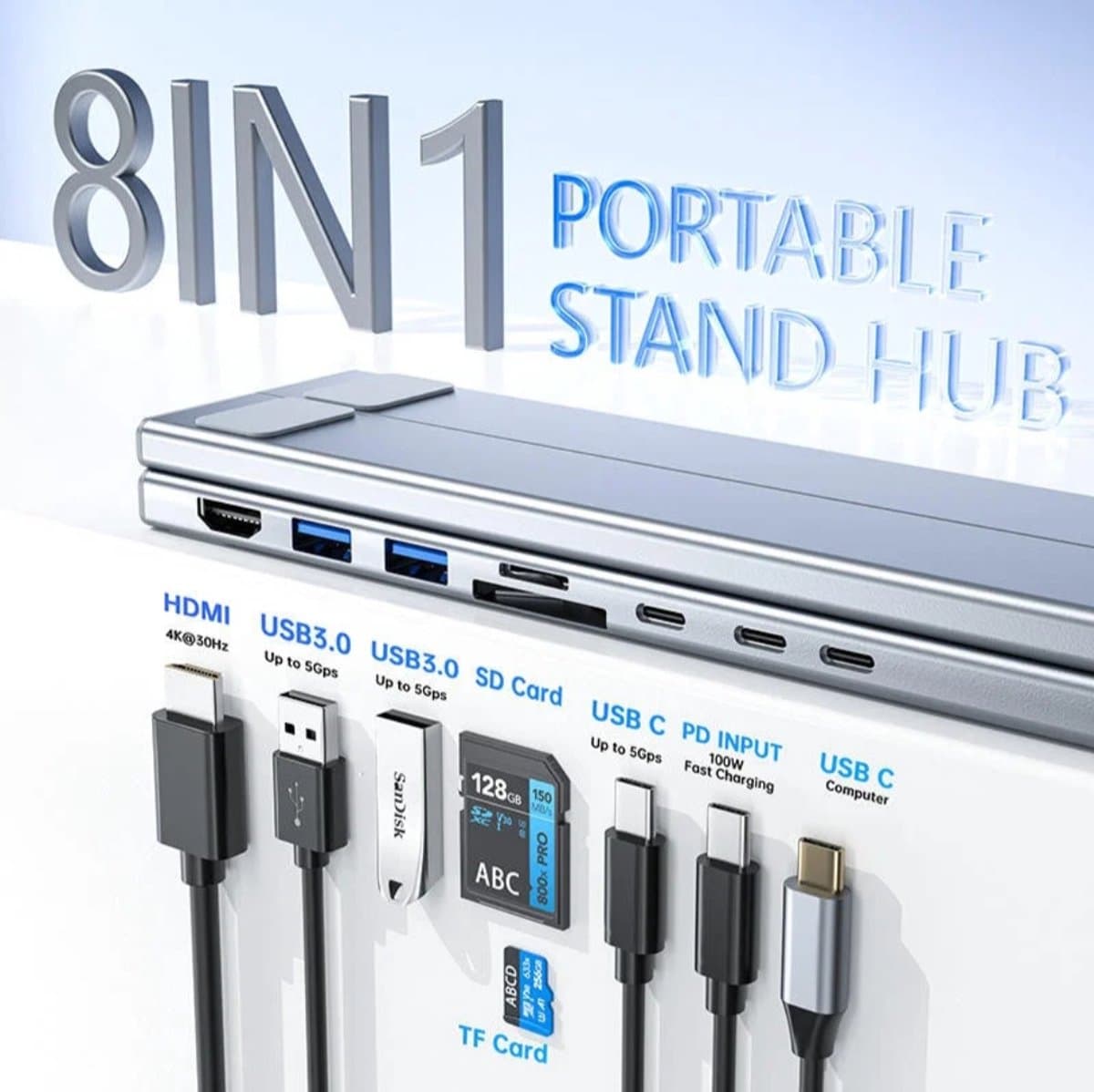 Laptopstandaard USB-C Docking Station 8-in-1 HDMI 4K Aluminium thumbnail 3