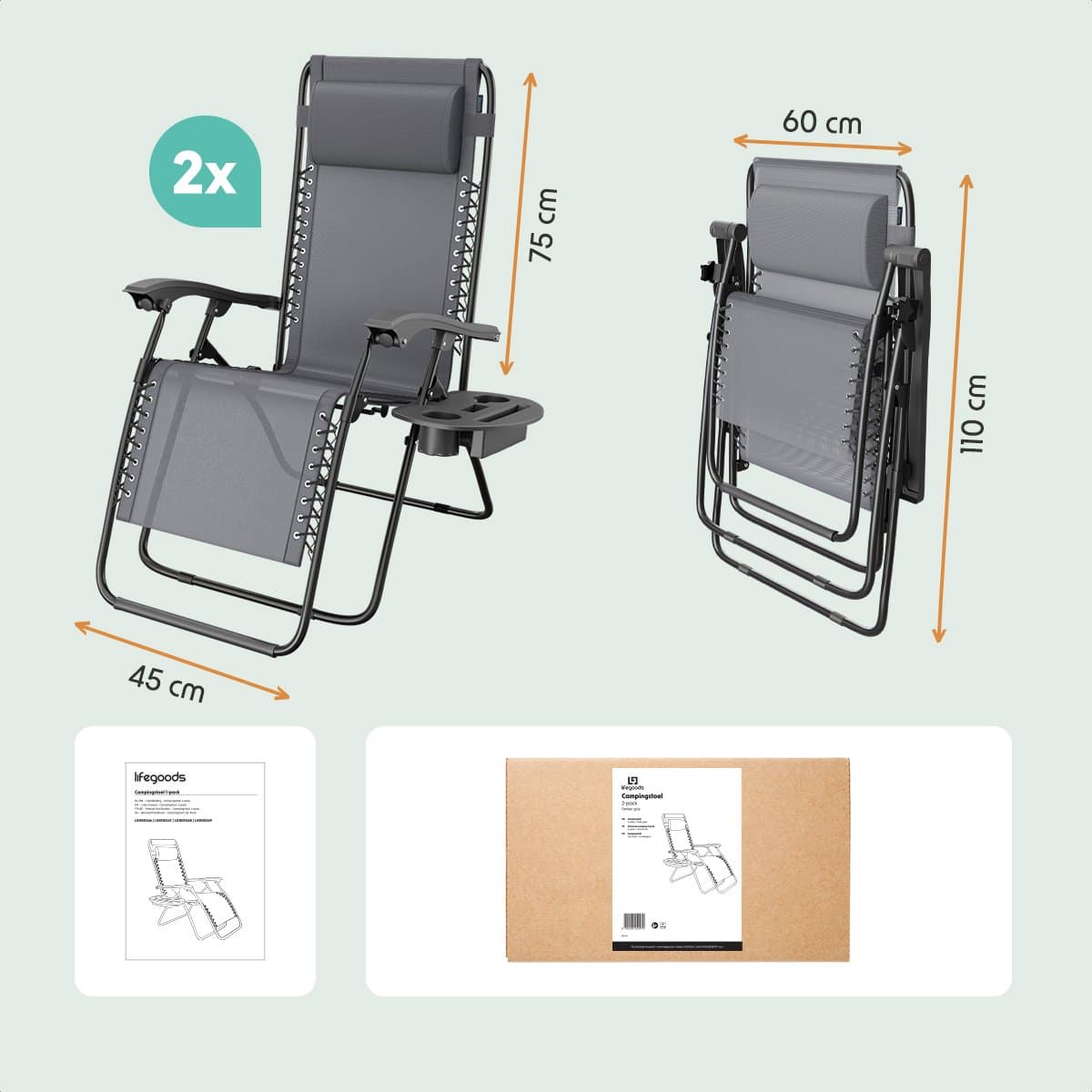LifeGoods Opvouwbare Tuinstoelen - 2 Stuks - Ligstoel Tuin - 30°-90° Verstelbaar - Metaal - Donkergrijs thumbnail 7