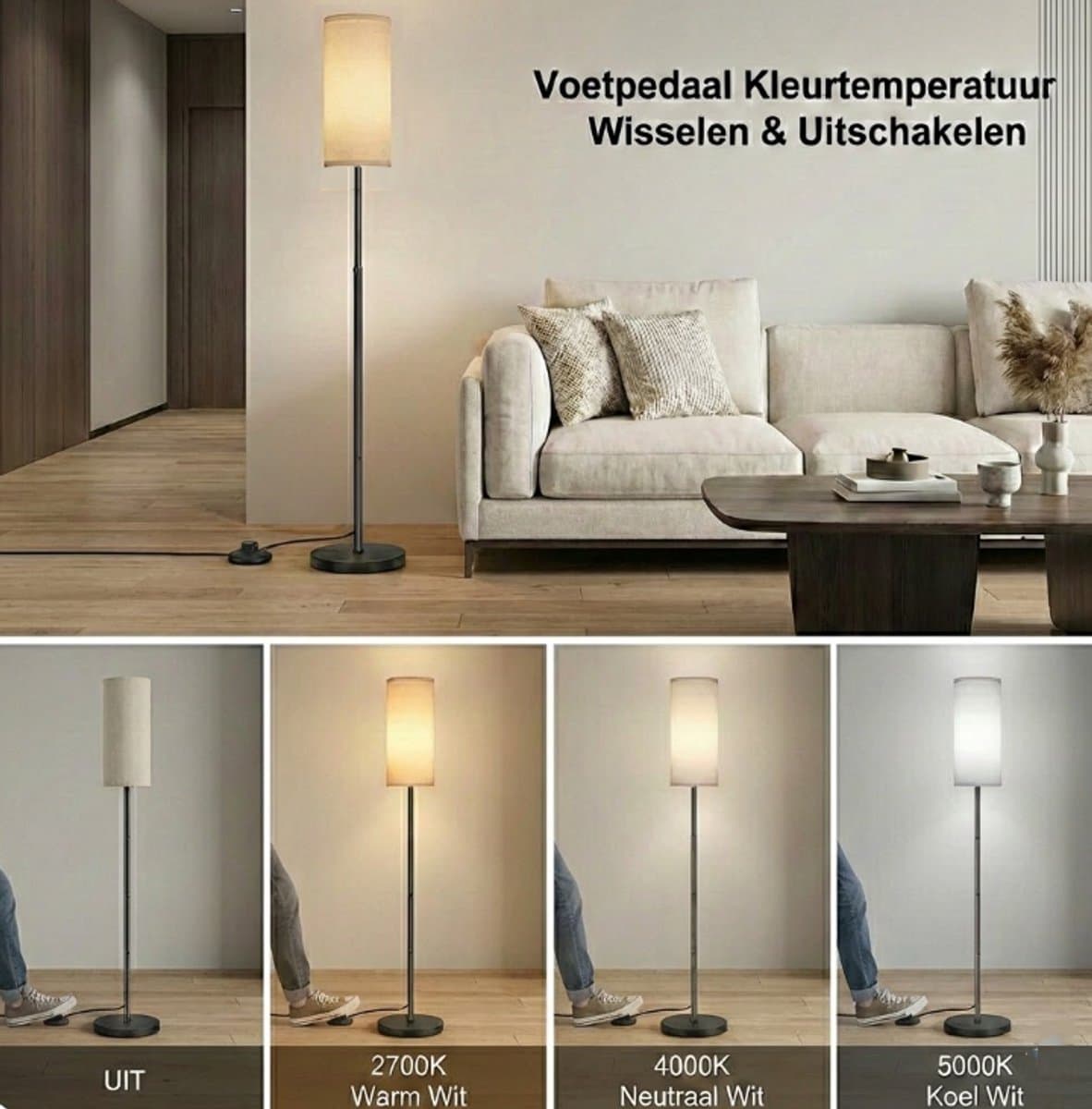 MUPOO Scandinavisch Vloerlamp met Linnen Kap 173cm- Hoeklamp Ruimtebesparend -Incl 3-Kleuren Staande Lamp- Voetschakelaar -voor Woonkamer & Kantoor thumbnail 3